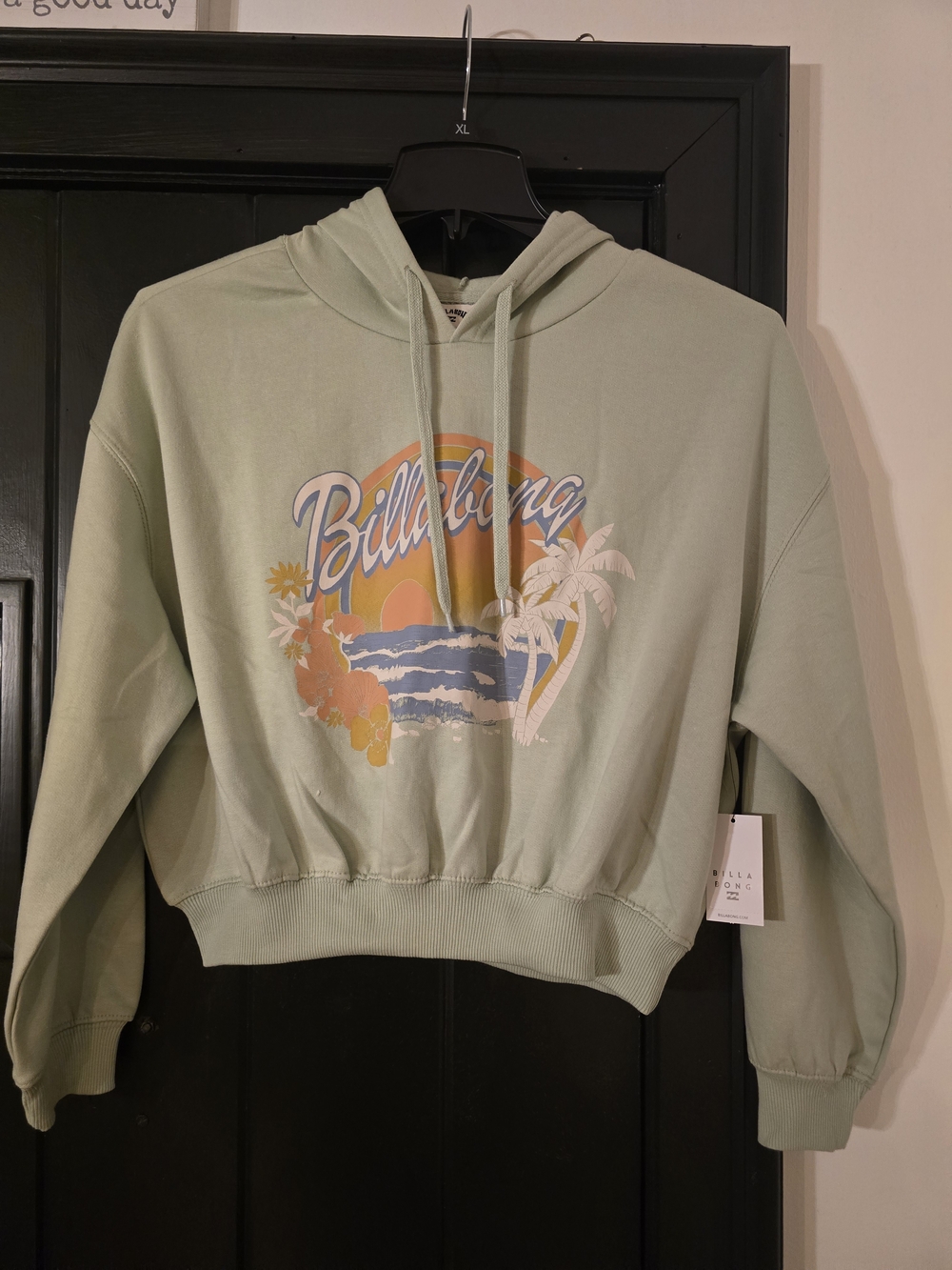 Billabong Sage Green Cropped Graphic Hoodie Sweater Small